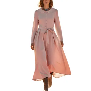 Elegant women's pink cotton linen maxi dress with Peter Pan collar and a belted waist.