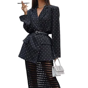 Fashionable black polka dot long sleeve blazer for women with adjustable waist belt detail