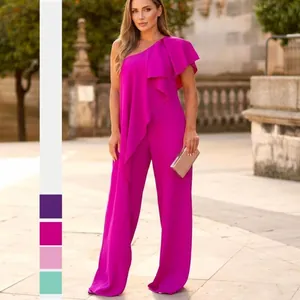Women Elegant One-Shoulder Ruffle Wide Leg Jumpsuit Solid Color Polyester Asymmetric Long Jumpsuit For Party Evening Casual