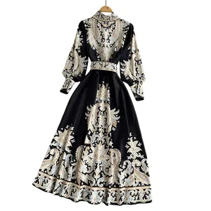 Robe longue élégante à manches longues avec imprimé cachemire et col montant vintage