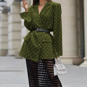 Elegant olive green polka dot blazer featuring a notched lapel and black belt for spring