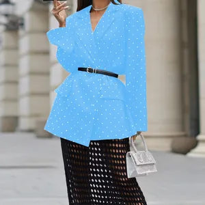 Elegant sky blue polka dot blazer with notched lapel and black waist belt.