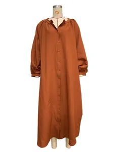 Burnt orange long-sleeved loose maxi shirt dress for women resort style