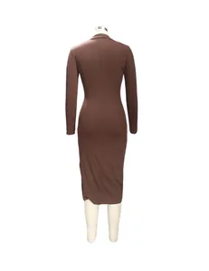 Back view of a brown long sleeve ribbed midi dress on a mannequin with slim fit design.