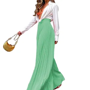 Elegante mintgrüne plissierte weite Hose mit hoher Taille für Damen mit schönem Fall