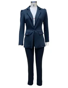 Detailed view of a classic two-piece navy blue women's suit displayed on a mannequin.