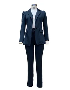 Professional women's navy blue two-piece suit set with long sleeve blazer and trousers