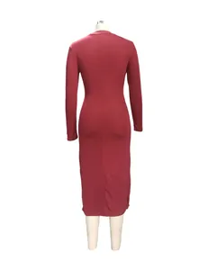 Detailed back view of a dark red ribbed long sleeve bodycon midi dress for women