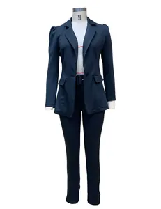 Full front view of a professional navy blazer suit set displayed on a mannequin