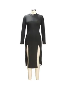 Black long sleeve mock neck midi dress featuring two high front slits on a mannequin