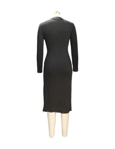 Back view of a black mock neck long sleeve ribbed slim fit midi dress on mannequin