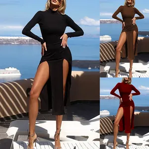 Women Sexy Mock Neck Ribbed Midi Dress Long Sleeve Slim Fit Double Slit Solid Color Elegant Party Vacation Dress