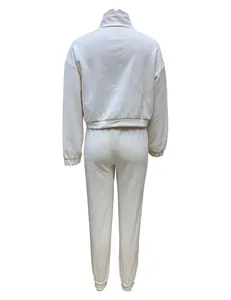 Detailed back view of women's off-white loose casual sports tracksuit two-piece set.
