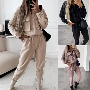 Women Fashion Loose Casual Long Pants Cuffed Sports Suit Top And Bottom Two Piece Set With Pockets Zip Hoodie Tracksuit