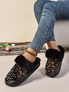 Zapatillas de plataforma para mujer con lentejuelas coloridas y ribete de pelo sintético