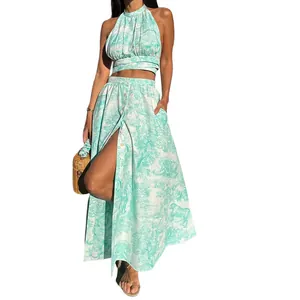 Two-piece set with green Toile de Jouy animal print, halter crop top and slit skirt