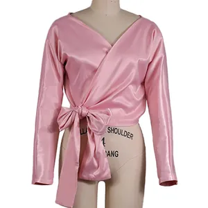 Elegant pink satin V-neck wrap top with side bow tie and long sleeves for women