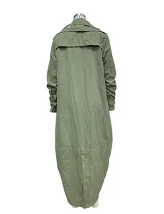 Detailed back view of a long army green trench coat featuring wide lapels on a mannequin