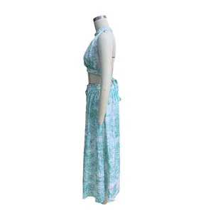 Women's two-piece resort wear set with elegant mint green toile de jouy floral print