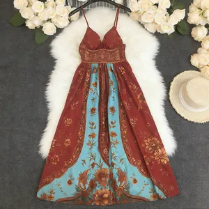Vintage floral print long maxi dress with spaghetti straps and bohemian resort style