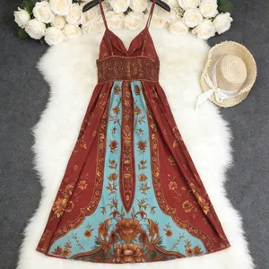 Elegant bohemian retro floral print backless camisole maxi dress with deep V-neck