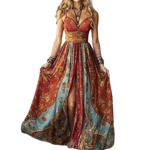 Bohemian retro floral print maxi dress with camisole straps and high waist for summer