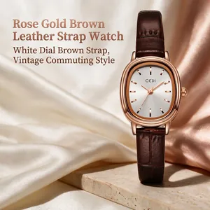 Montre Quartz Femme GEDI Elliptique Vintage Étanche Bracelet Cuir Véritable Élégante Minimaliste Boîtier Or Rose