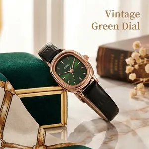 Montre femme ovale vintage avec cadran vert et bracelet en cuir noir