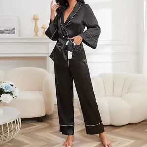 Women's Satin Pajama Set Long Sleeve Top And Bottom V-Neck Tie-Waist Loungewear Contrast Piping Soft Sleepwear For Home Hotel