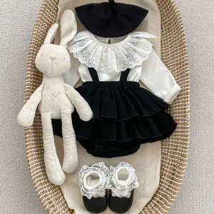 Baby girl ruffled collar long sleeve shirt and black suspender skirt set with beret