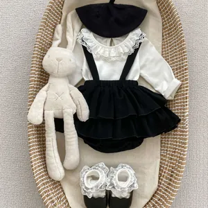 Elegant baby girl long-sleeve lace collar shirt and black suspender skirt set with beret