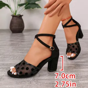 Elegant French style black polka dot mesh chunky heel sandals with 7cm peep-toe design