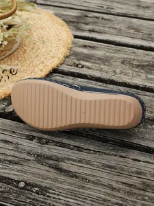 Gedetailleerd close-up van de antislip geribbelde zool van een blauwe wedge sandaal