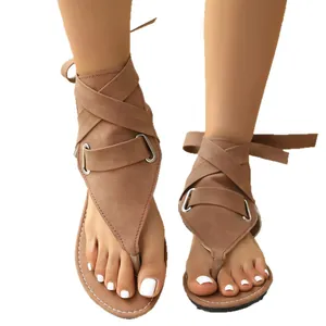 Damen Gladiatorsandalen Flache Zehentrenner Römer Sandalen Kreuzwickel Riemchensandalen Knöchelhoch Strand Sommerschuhe