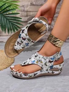 Eleganti sandali con zeppa e stampa a farfalla da donna, infradito estivi casual