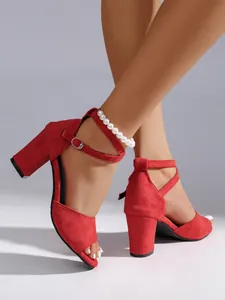 Elegant red suede chunky high heel sandals featuring a pearl anklet and ankle strap