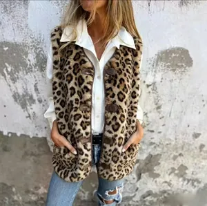 Detailed macro view of stylish leopard print faux fur vest showing texture and buttons