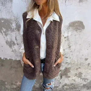 Women Casual Polar Fleece Button Vest Jacket Sleeveless V-Neck Warm Outerwear Solid Color Waistcoat Coat For Autumn Winter