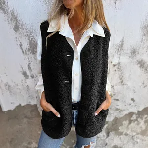 Stylish black lamb wool fleece vest jacket with button closure for autumn and winter wear