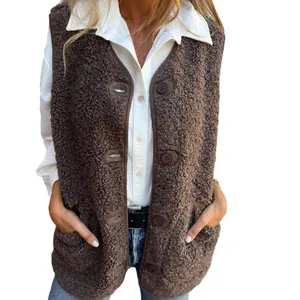 Cozy brown sherpa fleece vest jacket featuring button closure and functional side pockets