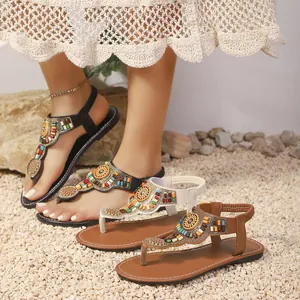 Bohemian dames sandalen met kralen T-strap platte strandschoenen in meerdere kleuren