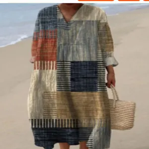Casual long sleeve maxi shirt dress with 3D patchwork print in earthy tones on beach