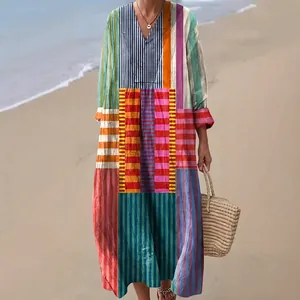 Women's 3D Floral Print Long Sleeve Maxi Dress Casual V-Neck Bohemian Shirt Dress Plus Size Beach Vacation Apparel