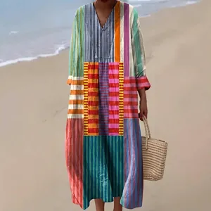 Vibrant multi-color striped V-neck long sleeve shirt dress for women beach style.