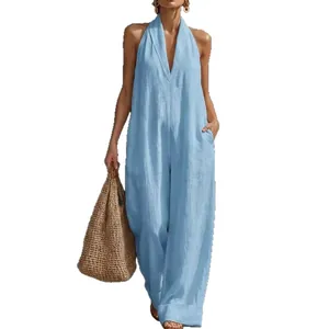 Light blue sleeveless halter neck jumpsuit for women, elegant wide leg design