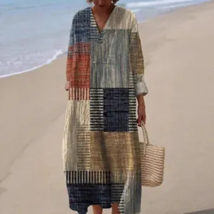 Bohemian long-sleeved shirt dress with vintage geometric 3D print for beach vacation