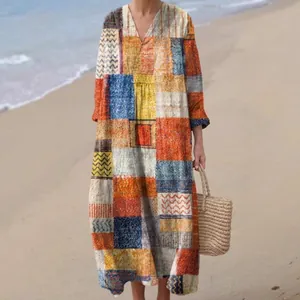 Bohemian colorful plaid 3D print long sleeve V-neck maxi dress for women beachwear