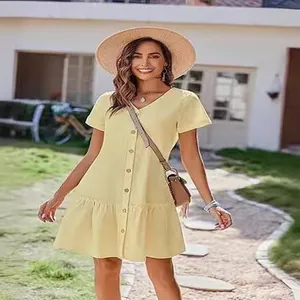 Robe d'été décontractée pour femme en coton et lin jaune clair avec volant en bas