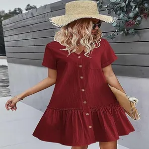 Robe d'été décontractée en coton et lin rouge pour femme avec un bel ourlet à volants