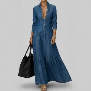 Women Retro Denim Maxi Dress Long Sleeve Large Lapel V Neck Tiered Hem Button Front Distressed Washed Casual Streetwear Dress